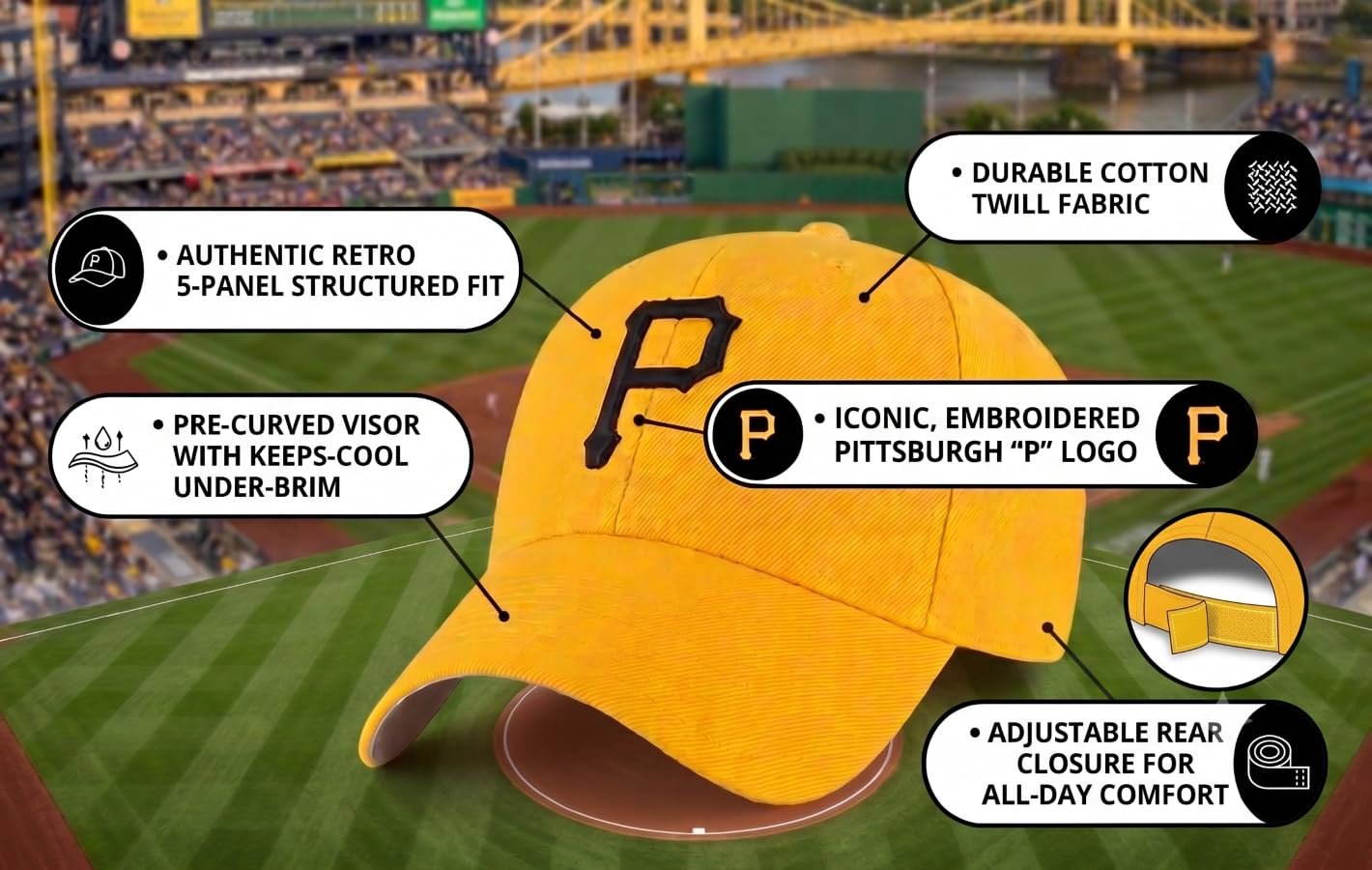 Officially Licensed Pittsburgh Pirates Classic Edition Yellow Hat Iconic Black P Logo Embroidery Adjustable Structured Cap