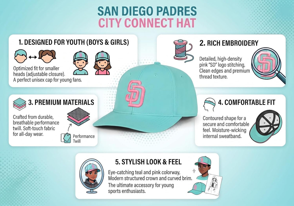 San Diego Padres City Connect Youth Hat Teal & Pink SD Logo for Boys and Girls